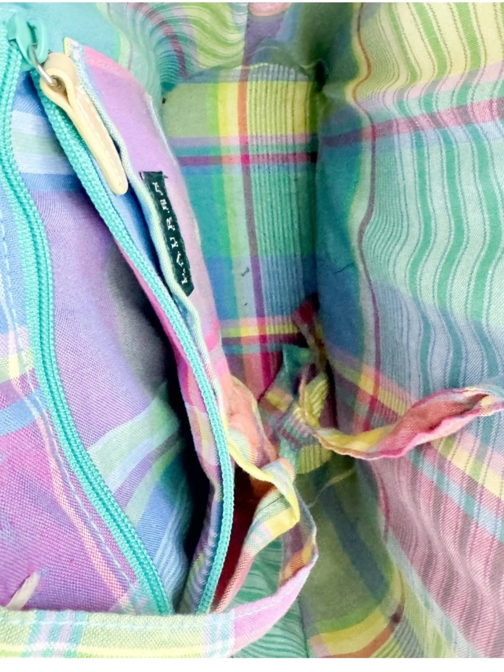 Ralph Lauren Multicolor Pastel Plaid Straw Tote with Cream Leather Handles large - Picture 4 of 7